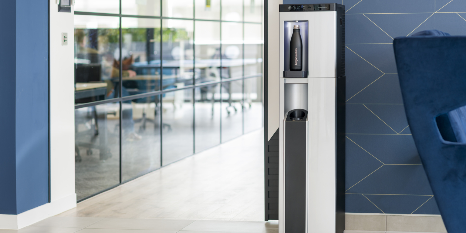 Modern bottle-less water dispenser by CLEARTIDE Hydration Systems, illustrating a sustainable and convenient solution for offices and businesses.