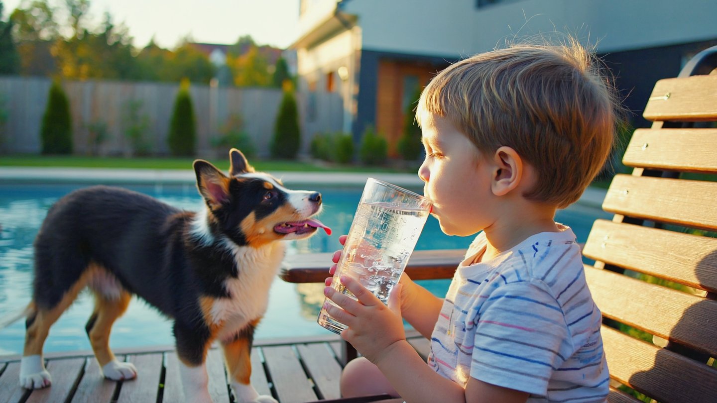 Image of a child with a puppy for the section, are plastic bottles safe for drinking water.